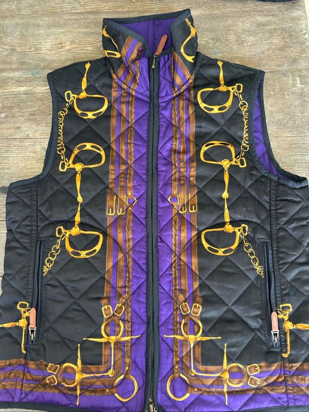 Lauren Ralph Lauren Reversible Quilted Equestrian Horse Bit Vest Black Purple M